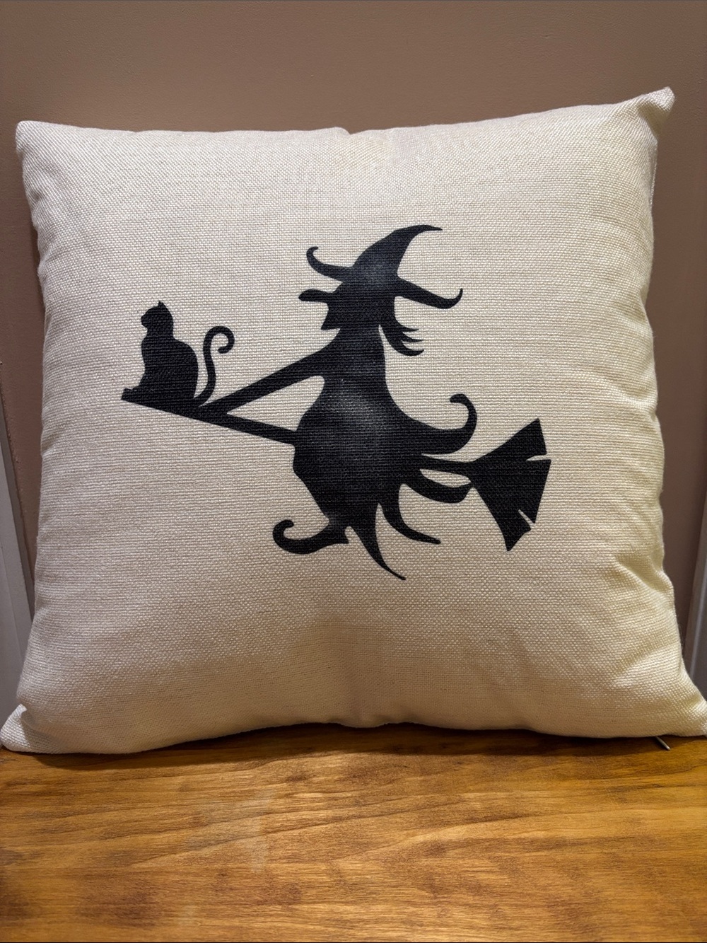 Halloween Witch & Cat Decorative Throw Pillow - Cream and Black